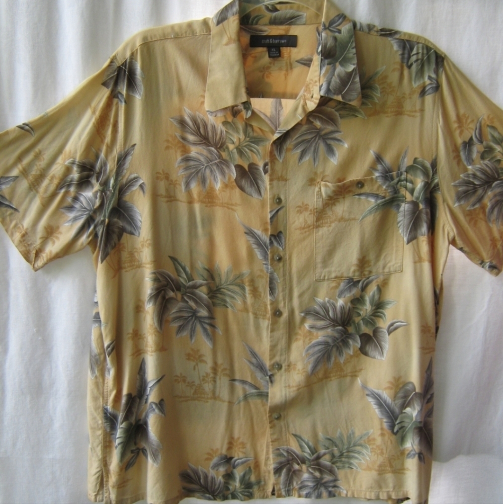 Croft & Barrow XL Men's Hawaiian Shirt Yellow Tropical Palm Leaf Print Vint